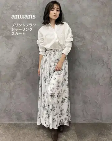 [ anuans ] 프린트 플라워 셔링 스커트