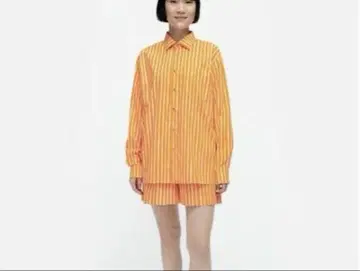 marimekko 오렌지 화이트 스트라이프 긴팔 셔츠 S