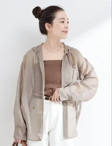 시어 소재 후드 부착 셔츠 베이지