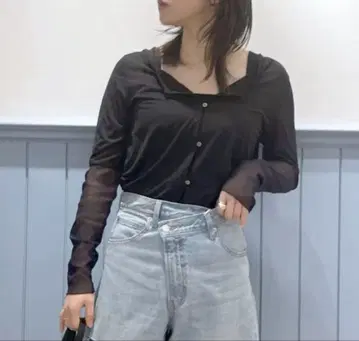 앞뒤 착용 가능한 시어 가디건 2way 튤 가디건 로리즈팜 블랙