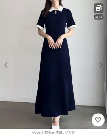 네이비 반팔 카라 부착 롱 원피스 M