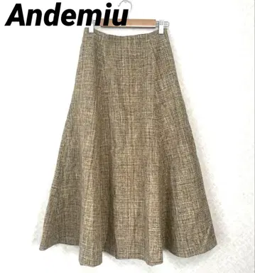 [ Andemiu ] 트위드 플레어 롱 스커트 S 브라운 안감 있음