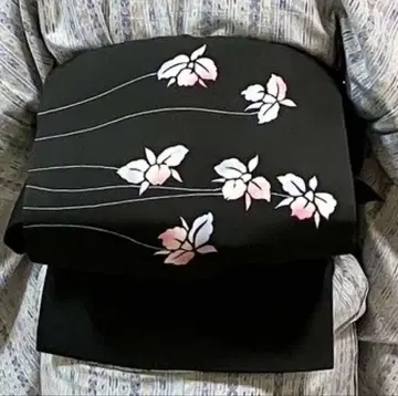 순수 실크 나고야 오비 블랙 꽃무늬