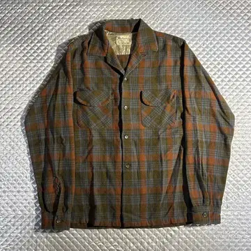60s VINTAGE USA 울 오픈 카라 체크 셔츠 루프 플랩