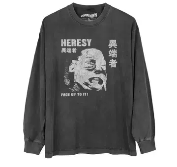HERESY 그래픽 긴팔 티셔츠 워시드 블랙 그레이 이단자