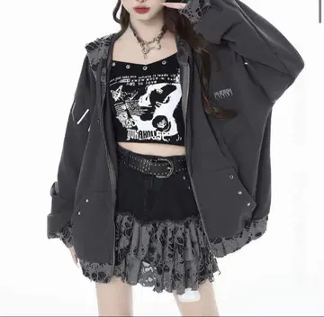 다크 그레이 오버 사이즈 후드티 레이스 포함