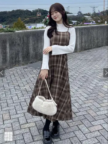 체크 무늬 백리본 롱 원피스 pu41