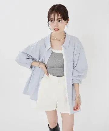 mystic [모리카와 기획] 레이어드 스트라이프 드로스트 셔츠 블루