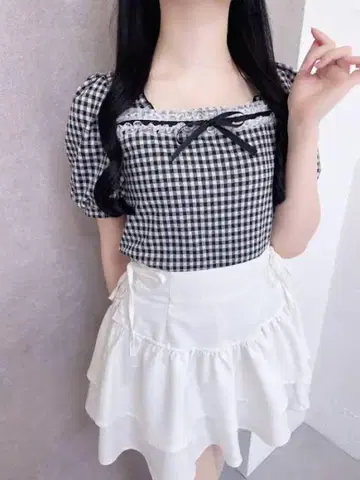 evelyn 니트탑 깅엄 체크 반팔