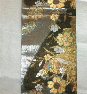 후리소데용 중고 후쿠로 오비 순수 실크 봉황과 벚꽃 패턴