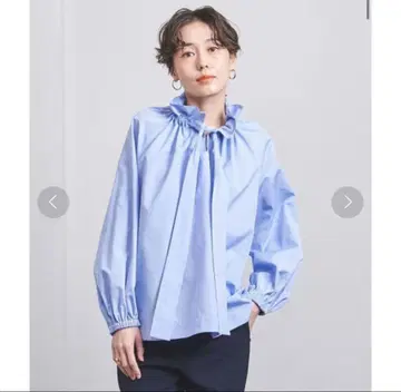 프릴 달린 리본 긴팔 셔츠 라이트 블루