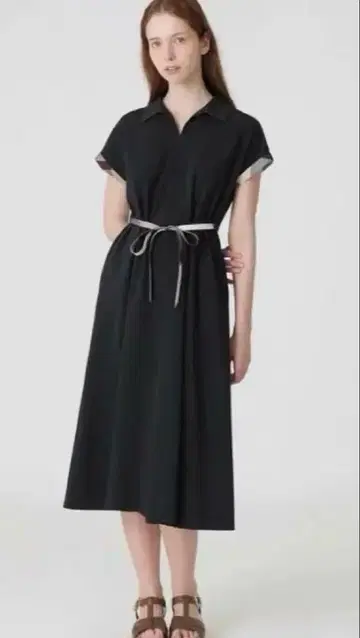 블랙 셔츠 원피스 반팔 허리 리본