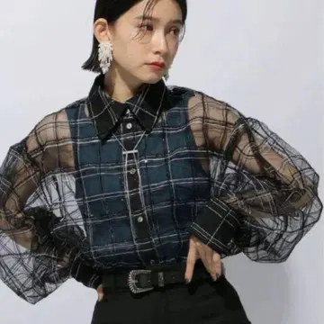 HARE 하레 시스루 라메 체크 무늬 오버 사이즈 셔츠
