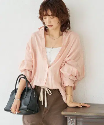 리브 드와 린넨 와이드 셔츠 핑크