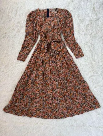 laura ashley 튤립 숄더 오렌지 꽃무늬 긴팔 롱 원피스