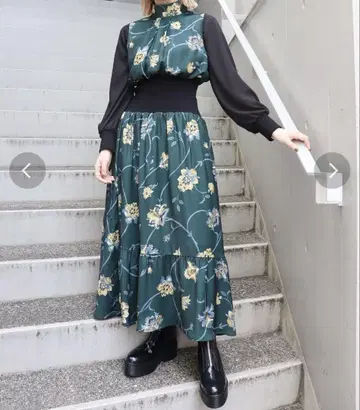 MURUA 허리 리브 원피스 그린
