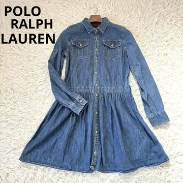 폴로 랄프로렌 데님 셔츠 원피스 개더 M 골드 버튼