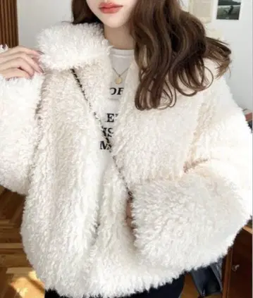 카라 부착 푸들 인조 모피 블루종