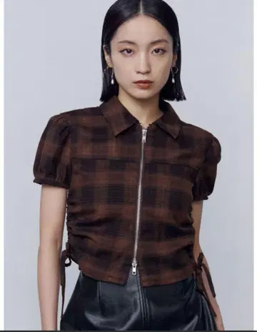 EMODA 스트링 리본 집업 셔츠 상의 브라운