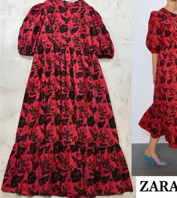 ZARA 빨간색 블랙 플라워 무늬 롱 원피스