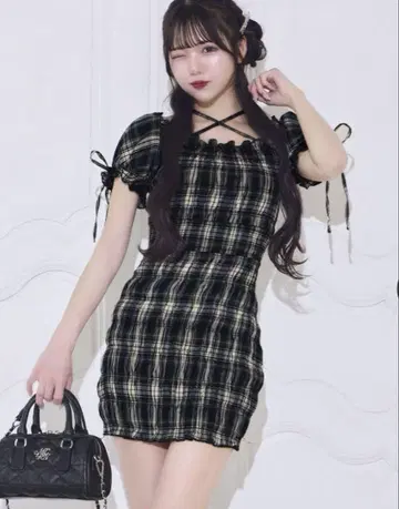michellMacaron 셔링 체크 미니 원피스 네이비