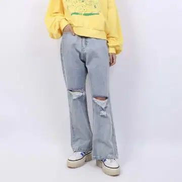 PUNYUS 데미지 플레어 데님 팬츠 빅 사이즈