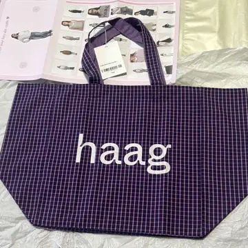 미사용 새상품 haag 토트백 에코백 체크 보라색 한국