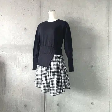 택 포함 새상품 깅엄 체크 레이어드 스타일 니트 풀오버 블랙 튜닉
