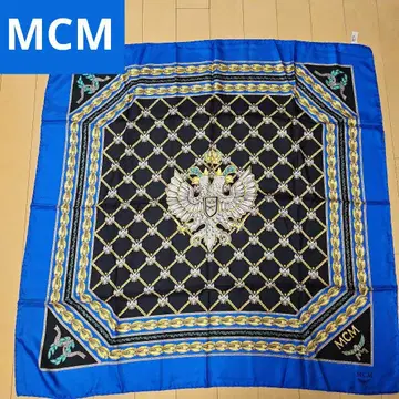 레어 MCM 스카프 대형 로고 실크 블루/블랙