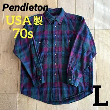 70s USA 펜들턴 울 플란넬 셔츠 그린 계열 L