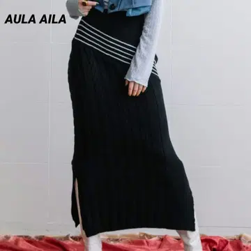 새상품급 AULA AILA 스커트 니트 비대칭 스트라이프 블랙