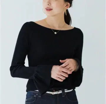 라운지 드레스 Loungedress 소매 프릴 리브 보트넥 블랙