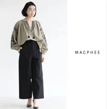 MACPHEE 코튼 린넨 로운 자수 개더 블라우스