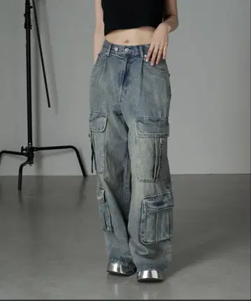 레이 카즌 데님 와이드 카고 팬츠