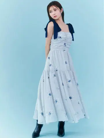 [ FLOWER COLLECTION ] 프린트 숄더 리본 원피스