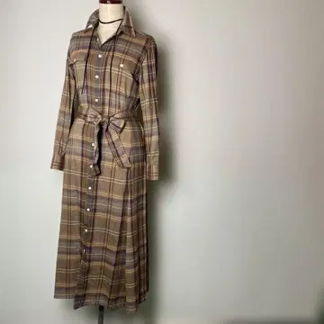 랄프 로렌 미 실루엣 브라운 체크 롱 셔츠 원피스