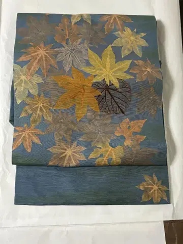 순수 실크 나고야 오비 단풍 무늬 청록색