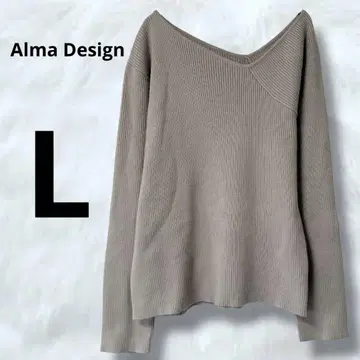 Alma Design 긴팔 리브 니트 비대칭 V넥 베이지