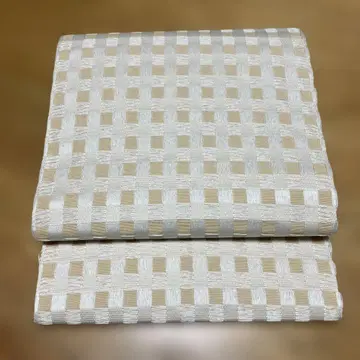 나고야 오비(약 24cm) 미사용 베이지와 화이트 체크 무늬