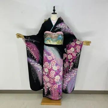 후리소데 풀세트 7점 세트 블랙 시보리풍 순수 실크 새상품급