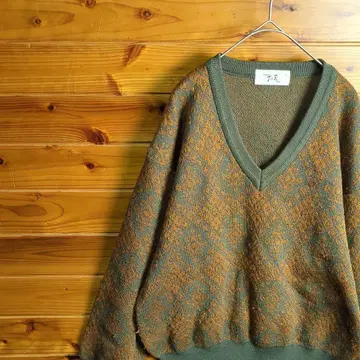 니트 스웨터 그린 브라운 기하학 패턴 브이넥 L 레트로 빈티지 구제 의류