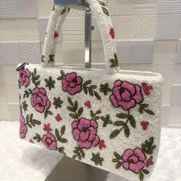 [ 레어 ] 쇼와 레트로 빈티지 총 비즈 백 꽃무늬 화이트