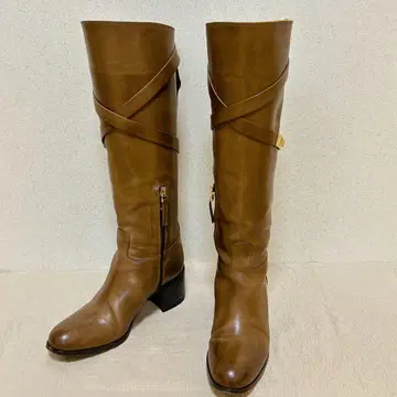 초레어 사토레 천연 가죽 골드 금장 장식 크로스 벨트 롱 부츠 22cm