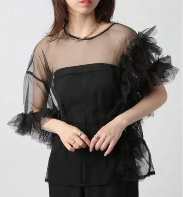 비대칭 튤 레이스 블라우스 시어 탑 프릴