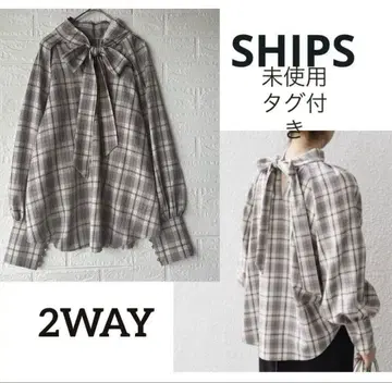 [미사용 택 포함] SHIPS 쉽스 체크 2WAY 보타이 블라우스