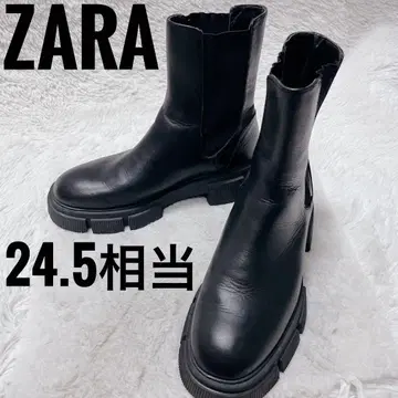 ZARA 블랙 천연 가죽 여성용 사이드 고어 부츠 24.5 상당 통굽
