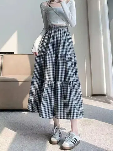 깅엄 체크 플레어 스커트