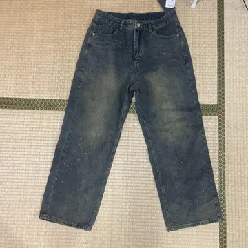 비즈 장식 다크 블루 와이드 레그 데님