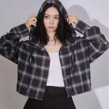 ENVYM 앙비 오버 사이즈 숏 후디 체크 셔츠