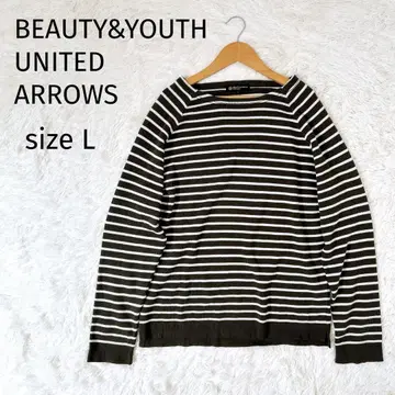 BEAUTY&YOUTH 스웨터 니트 L 보더 화이트 올리브색 얇은 소재